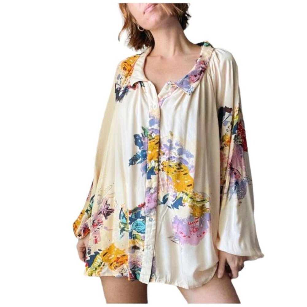 Free People Floral Button Down Shirt - Cream and Multicolor